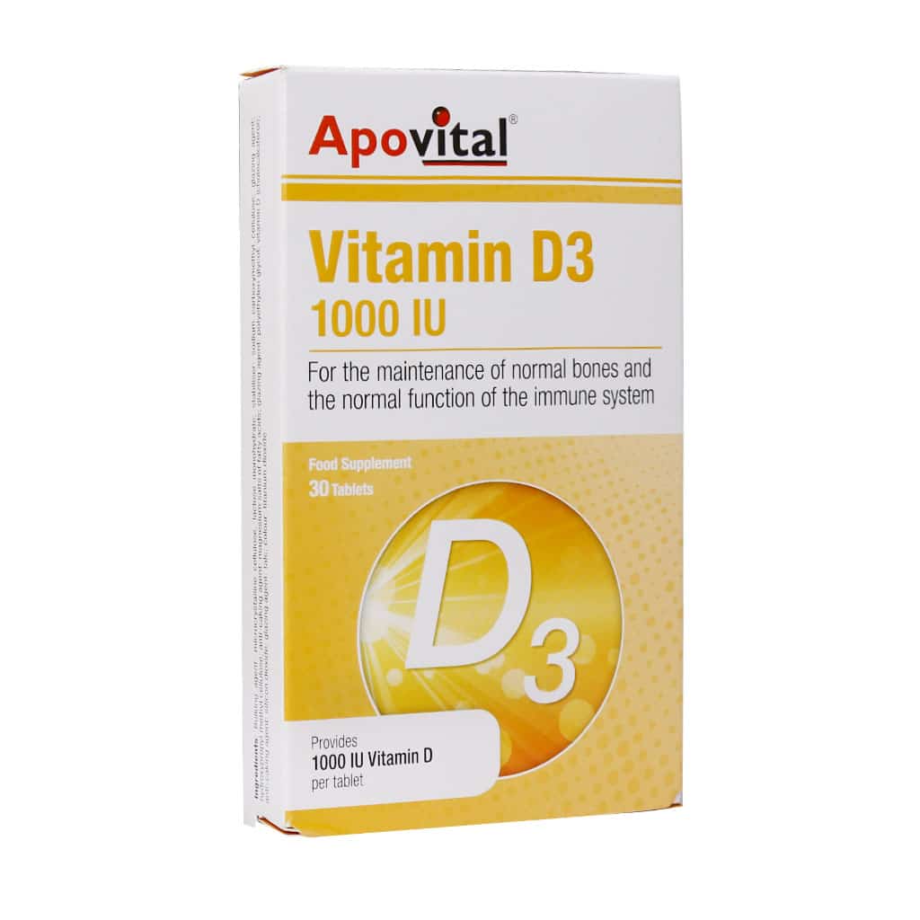 جعبه مقوایی قرص ویتامین D3 1000 واحد آپوویتال ۳۰ عددی