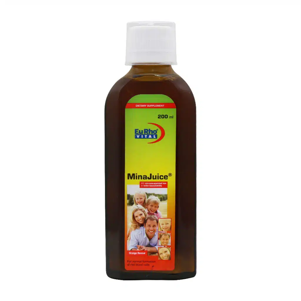 بطری شیشه‌ای شربت مینا جویس یوروویتال ۲۰۰ میلی لیتر با طعم پرتقال