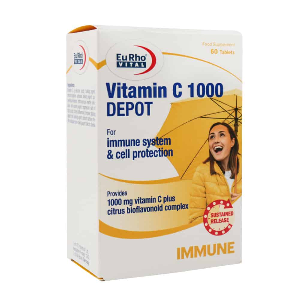 جعبه مقوایی قرص ویتامین C 1000 میلی گرم دپو یوروویتال ۶۰ عددی