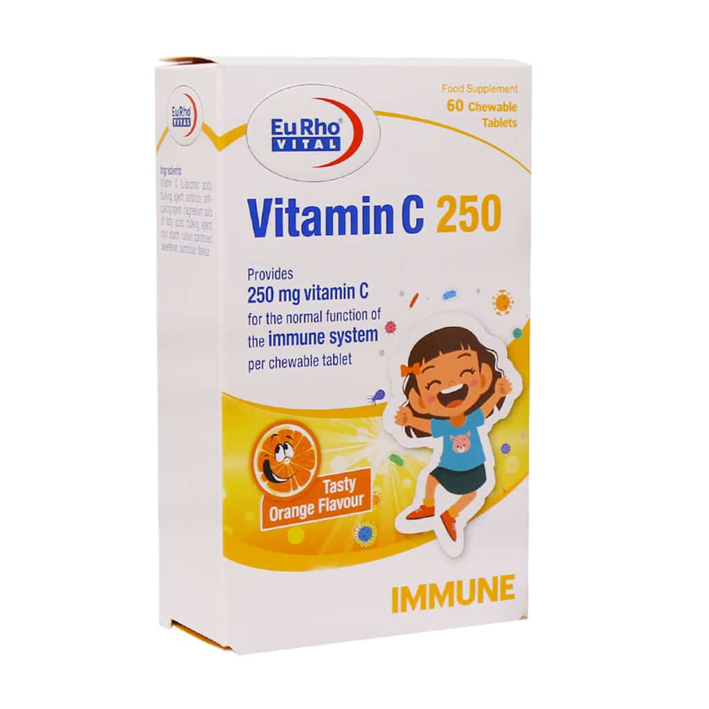 جعبه قرص جویدنی ویتامین C 250 میلی گرم یوروویتال 60 عددی