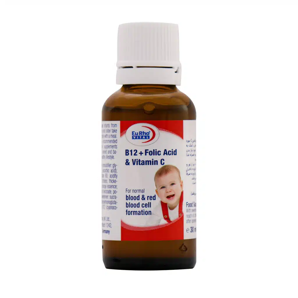 شیشه قطره خوراکی B12 فولیک اسید و ویتامین C یوروویتال ۳۰ میلی لیتر با طعم پرتقال